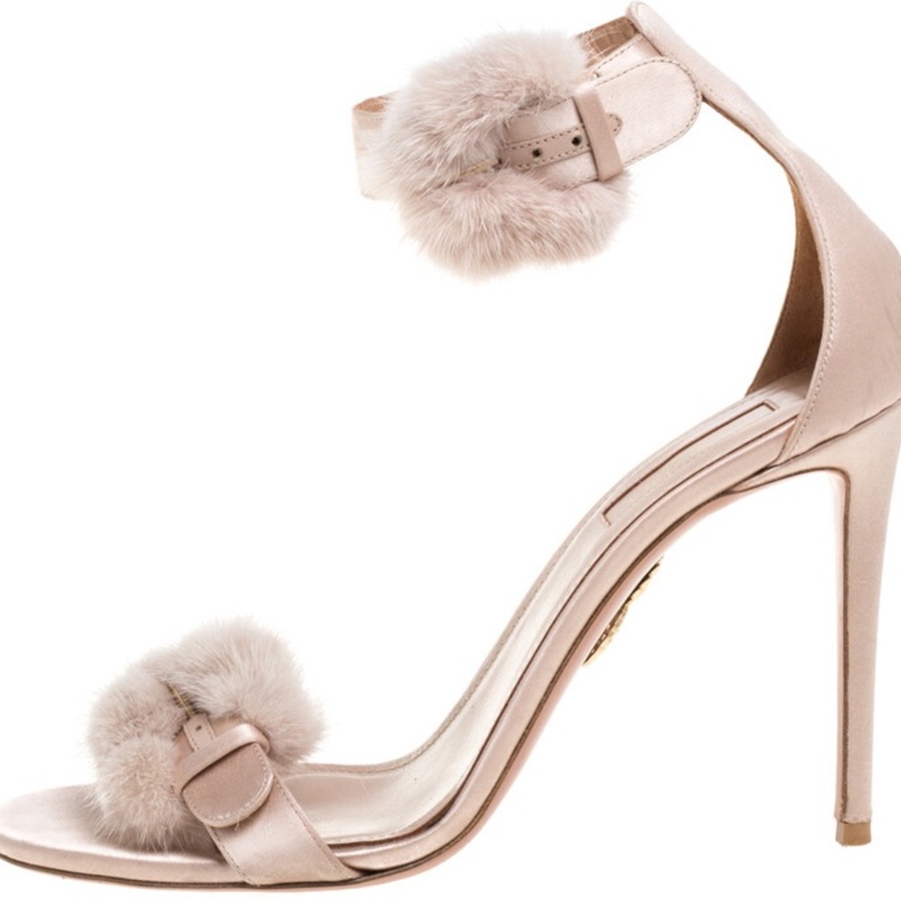 Aquazzura “Sinatra” 105mm silk satin and fur heels NWOB 39